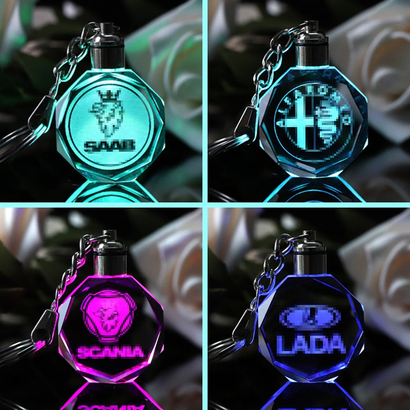 JQJ Personalized Laser Crystal Car Logo Key Chain Laser Engraved Glass Key Ring Colorful LED Light Keychain Home Decor Gift