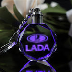 JQJ Personalized Laser Crystal Car Logo Key Chain Laser Engraved Glass Key Ring Colorful LED Light Keychain Home Decor Gift
