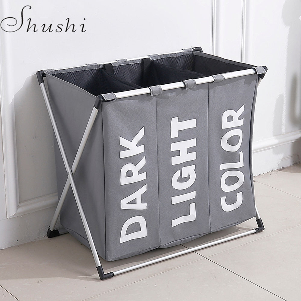 SHUSHI Collapsible Dirty clothes laundry basket  Three grid bathroom laundry hamper Organizer  home office metal storage basket
